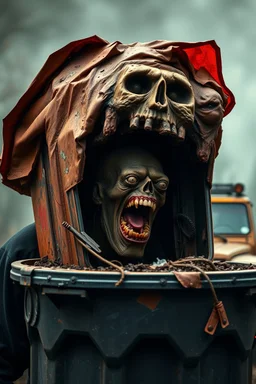 GARBAGE TRASH BIN,GARBAGE TRASH BINside profile, "GARBAGE TRASH BIN IN FRONT" man in super blackscary (autofarm) in movie poster moviestyle horror look. as five headed mouth open, rough teeth, turn head around, landrover crash in background(&*&*^%$^#%$#%$^%$#^#$#^%#$^$#