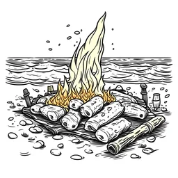 A beach bonfire with marshmallows roasting, cozy, festive, warm firelight, T-shirt design graphic, vector, contour, white background