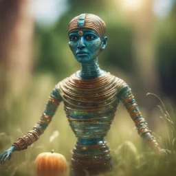 electric egyptian mummy t-pose upper body of made from tinted murano glass in long grass inspecting a melon ,bokeh like f/0.8, tilt-shift lens 8k, high detail, smooth render, down-light, unreal engine,bokeh like f/0.8, tilt-shift lens 8k, high detail, smooth render, down-light, unreal engine