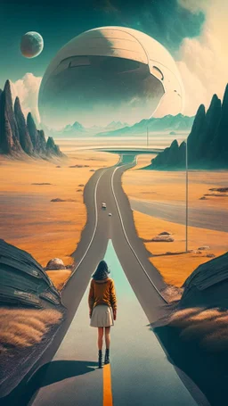 road with sci-fi landscape and woman looking down at small spaceship with planet