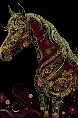 whimsical, horse, intricate detail,, illustration, burgundy, black, gold