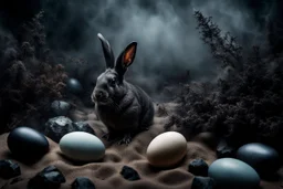 dark fantasy land with mystic, fog, deep cloros, burning landscape with mist, dark fantasy plants, silver and onix crystal eggs lying in sand, pale lights, rocks, weird surreal big dark rabbit-bird mutants, dark fantasy mood, sureal, high quality, high contrast, cinematic, atmospheric, weird mood