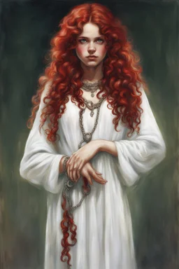 twenty-two year old girl, green eyes, long blood red curls, dressed in a long white tunic, with her hands chained