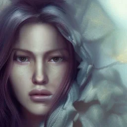 Female, long blond hair, make up, high lights, rusted, diffuse lighting,polished, intricate,highly detailed, illustration, clouds, foggy scene bordered with leaves