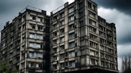 An old, multi-story apartment building with gray walls and numerous windows. The sky in the background appears to be cloudy and dark, creating a moody and atmospheric setting, creative, detailed brush stroke, minimal spalsh