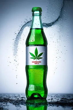 Captivating and hyper-realistic image of a futuristic cola bottle called "Kannabis Kola". The bottle has a sleek design with a prominent modern logo of a green cannabis leaf. Frost covers the bottle, creating a frosty effect with water droplets forming on its surface, emphasizing the freshness of the drink. The liquid inside appears green, adding a vibrant touch to the overall design. The minimalist bottom allows the innovative and eye-catching bottle to take center stage
