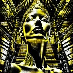 Double exposure of a black and yellow photo of the face of the pharaonic goddess Nefertiti and stairs inside a pyramid, black and yellow photo, a staircase, by John Alexander, stairs, a winding staircase inside a pyramid, inspired by Jerry Schatzberg, stairs to heaven, fine art photography, by Rodolfo Escalara, illustration, by Albert Cotin, beautiful, stairs, inspired by Rudolf Hausner, staircase 1