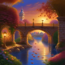 A picturesque stone bridge, adorned with intricate carvings and vibrant flowers, spans a calm river during a golden sunset. Vintage street lamps with blooming vines cast a warm glow, creating a romantic atmosphere. The sky transitions from deep oranges and purples near the horizon to soft pinks and blues above. The scene exudes serenity, with the distant sounds of birds and rustling leaves, set against rolling hills covered in lush greenery.