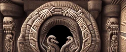 photorealistic strange paleozoic hydra 3-foot "dimensional portal made of subatomic particles" in a gigantic Neanderthal jeweled palace hyeroglyphs on the walls, thunderbolt storm