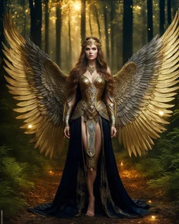 Photography full body A Length image of very beautiful Super model Russian Woman,long hair as an Beautiful Archangel with wings made from metal craft,dressing luxurious gown golden and black color armor filigree combination fully crystals diamonds stone,in magical night forest full of lamps Background