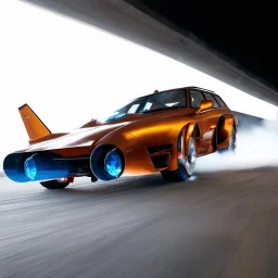 award winning car and driver photograph of a futuristic station wagon fighter-jet genetic-splice designed by only one vehicle per image painted metallic orange traveling at a high rate of speed, jet intake off of front center of vehicle and jet exhaust out the rear with bright blue flame, bilaterally symetrical, more a high speed road vehicle