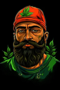 Imagen realista del rostro y torso de un joven como el de la foto, joven de estilo cannabico, que tenga gorra de basketball titulada con el titulo 'bettos', lentes tipo ryban espejados, barba larga colorada, remera negra