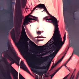 female rouge assassin, wearing cyberpunk intricate streetwear, hooded, beautiful, detailed portrait, cell shaded, 4 k, concept art, by wlop, ilya kuvshinov, artgerm, krenz cushart, greg rutkowski, pixiv. cinematic dramatic atmosphere, sharp focus, volumetric lighting, cinematic lighting, studio quality