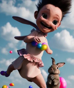 Ultra realistic speed clouds sky scene, wide angle view, child falling down with many Children background, rabbit head, inflatable monsters, circus dress style, feather color, free jumping flying, many trinkets, hair monster, many jelly beans, balls, color smoke, smile, happy, extreme, wind, clouds sea, 20,000 feet altitude, stratosphere, soft color, highly detailed, unreal engine 5, ray tracing, RTX, lumen lighting, ultra detail, volumetric lighting, 3d, finely drawn, high definition.