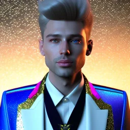 Portrait of an handsome smiling man, galactic, glitter blue velvet suit with jewels and stripes, blond hair, blue eyes, cinematic lights unreal engine 5, 4k, high details, beam and stars in background, blue and purple