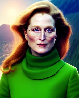 beautiful portrait of a young plum merryl streep, julianne moore, in the mountains, in the style viktor klint and moebius, rim light, vibrant moody colors, plain background, soft lighting, unreal engine