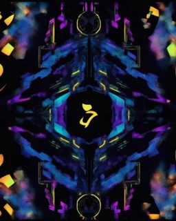 futuristic cyberpunk, abstract geometric patterns, neon colors, symmetrical design, intricate and complex, digital art, glowing accents, dark background, vibrant contrast, surreal atmosphere