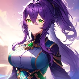 girl, masterpiece, best quality, volumetric lighting, detailed outfit, perfect eyes, purple hair, long hair, green eyes, ponytail, messy hair, hair in between the eyes,