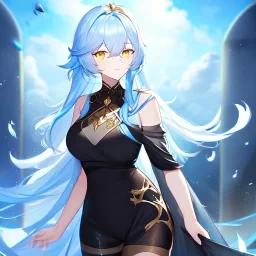 Clear focus, High resolution, Long light blue fluffy hair, hair between eyes, yellow eyes, wearing black fabric shorts, detailed outfit, blue and black outfit, gold accessory