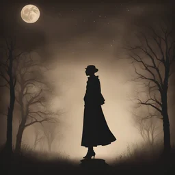 Create a vintage-style image with a sepia-toned color palette, depicting a silhouette gently dissolving into the dark night. The figure should be caught in a moment of melancholic tranquility, appearing to merge with the moonlight that filters through the scene. Incorporate illicit sparkles reminiscent of a long-gone time, flickering against the subtle, somber backdrop. Add delicate red as a subtle highlight, using selective color to draw the eye to specific elements within the composition. The