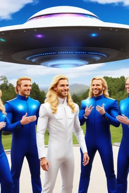 cosmic man ,beautiful ufos rainbow, admiral from the future, galactic confédération, fine whole face, crystalline skin, expressive purple eyes,rainbow, smiling lips, very nice smile, costume pleiadian, Beautiful tall woman pleiadian Galactic commander, ship, perfect datailed golden galactic suit, high rank, long blond hair, hand whit five perfect detailed finger, amazing big puple eyes, mouth, high définition lips, cosmic happiness, bright colors, blue, pink, gold, jewels, realist,
