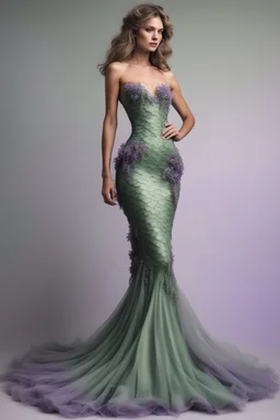 Stunning utopian mermaid gown with lavender and sage green. Hyper realistic standing model