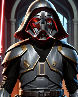 star wars bald male corellian jedi wearing gunmetal grey and black old republic armored flightsuit with gold and metallic red trim inside the jedi temple, centered head and shoulders portrait, hyperdetailed, dynamic lighting, hyperdetailed background, 8k resolution, volumetric lighting, light skin, fully symmetric details