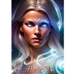 Lexica Aperture v2 style ! dream symmetry!! (((happy, joyful, smiling portrait)))+++, white hair, blue eyes, Brigitte Bardot, diamond third eye, spiritual gradient, gaia, chakra, universe, sci - fi, glowing lights!! intricate, space station, elegant, highly detailed, digital painting, artstation, concept art, smooth, sharp focus, illustration, art by artgerm and greg rutkowski and alphonse mucha