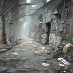 A long straight path that is grey and covered with graffiti and broken pieces