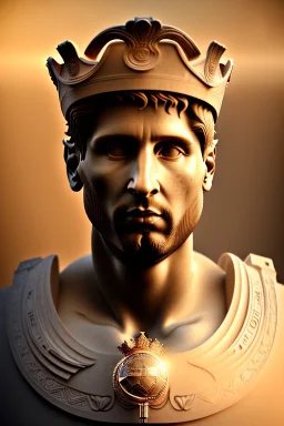 Ultra Realistic image, Roman sculpture, white marble material, Lionel Messi, sun radial crown, chisel style, waist up portrait, epic, celestial, cinematic lighting, God light, god rays, 4k resolution, smooth details, ornate details, soft lighting, unreal engine 5, marble background.