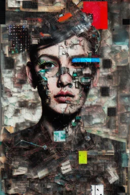 Ultra detailed medium portrait painting of anxiety , torn up collage of clippings, broken circuitry background, matrix effects, punk visual art, punk art aesthetic, graffiti art, pop surrealism, collage art, cluttered paint glitches