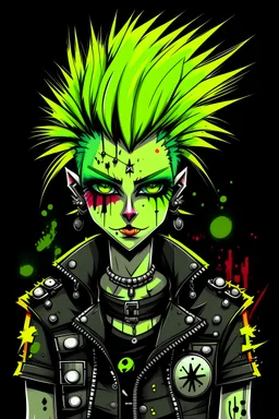 Cartoon alien creature ,spiky neon-colored hair,dark,smoky eye makeup. black leather jacket with punk band patches,safety pins.