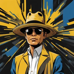 Gustavo Petro, comic style artwork, dark yellow, black and blue, with wide-brimmed hat, with white shirt, calm, without glasses