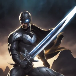 A legendary and wonderful long sword with in hand,A superhero man with infinite power and technology from the galactic race