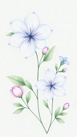 The image shows a group of flowers drawn with fine details, mostly in light blue and purple, and looks like a cute and romantic design. 1. Upper left: contains two large flowers, one in light blue and the other in white, with small buds appearing in light pink. The design is simple and calm with touches of green in the surrounding leaves. 2. Upper right: contains two flowers in light blue with green leaves and flower buds, with fine details that add a sense of tenderness and nature. 3. Lower le