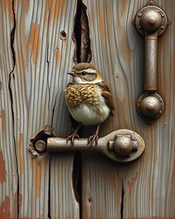Small brown wren with intricate feathers perched on a weathered barn door, the door is cracked and rotting with a rusting handle, intricate woodgrain patterns with peeling paint, rusted bolts, deep textures, acrylic art, highly detailed