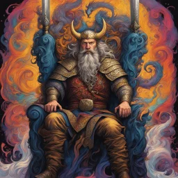 viking holger danske, transulent swirling beard and hair, his sword is golden, siting on his throne with wolfes on each side, alkohol ink, background swirley colorful with painted dragon on the wall, background colorful