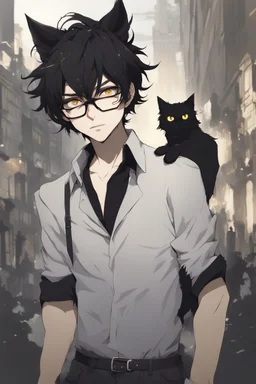 Anime style man with messy black hair and black cat ears. gold eyes. Glasses