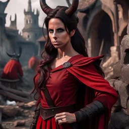 a beautiful tiefling woman with a kind face and dark hair in a sleeveless battle outfit, amidst the ruins of a medieval town destroyed by war, photo quality, the whole scene in dark red colors