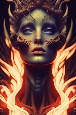 portrait photography of an ethereal beautiful animal goddess, Fire theme art, Dark moody night atmosphere, Portrait of a man by Michelangelo, 8K, close-up face, anatomically perfect face, oak tree roots, ignore NSFW