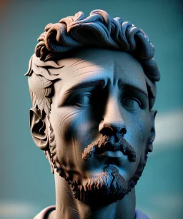 Gran angular, Realistic image, roman sculpture, marble material, Lionel Messi, Laurel wreath model, miguel angel style, emperador, God light, god rays, 4k resolution, ornate details, soft lighting, unreal engine 5, soft cyan background.