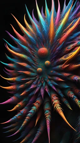 a close up of a colorful object on a black background, an abstract sculpture, psychedelic art, in a spiky tribal style, hyperdetailed crisp render, psytrance artwork, grasping pseudopods, plume made of fractals, 3 d shaded, human form, 3d shaded