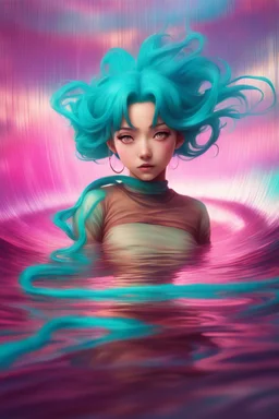 A stunning Anime girl suspended in a kaleidoscope of colors, captured in a photorealistic, cinematic photograph, as if plucked from a dream sequence. Her vibrant turquoise hair flows like a river, contrasting with the muted, earthy tones of her skin, set against a gradient of iridescent pinks and purples, evoking a sense of ethereal mysticism. Soft, cinematic film grain textures the image, infusing it with a sense of nostalgic warmth, as if lit by the flickering lights of a vintage cinema.