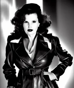 Geena Davis as femme fatale in a leather coat. black and white. film noir. hollywood. low key. contrast. cold lights. high detailed.