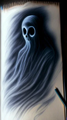 pencil drawing of a ghost. Spooky, scary, halloween, colored pencils, realistic, black paper