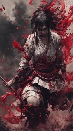 Tall girl samurai, face distorted with pain, screaming, tears streaming from eyes, siting pose, fullbody, splashes blood, behind guts rising from the ground, intricate, darkred tones, macro photography,