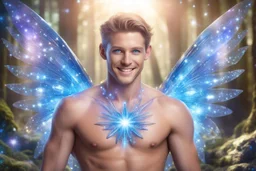 cosmic bionic beautiful men, smiling, with light blue eyes and long shirtless and crystal wings, in a magic extraterrestrial landscape with coloured fairy forest stars and bright beam