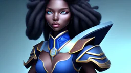 She's diminutive, with brown skin, short black dreadlocks hair. She has indigo blue eyes. She has a long blue cape over a white dress.