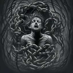 Generate an image that depicts a person trapped in the clutches of addiction, with visual elements symbolizing the allure and dangers of substance abuse, such as dark shadows, chains, or swirling vortexes.