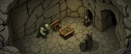 isometric map of 4x4 meter room, with an ogre and an orc captain, and a chest under a table, the room is rough and cavelike, we also see winding paths around the room